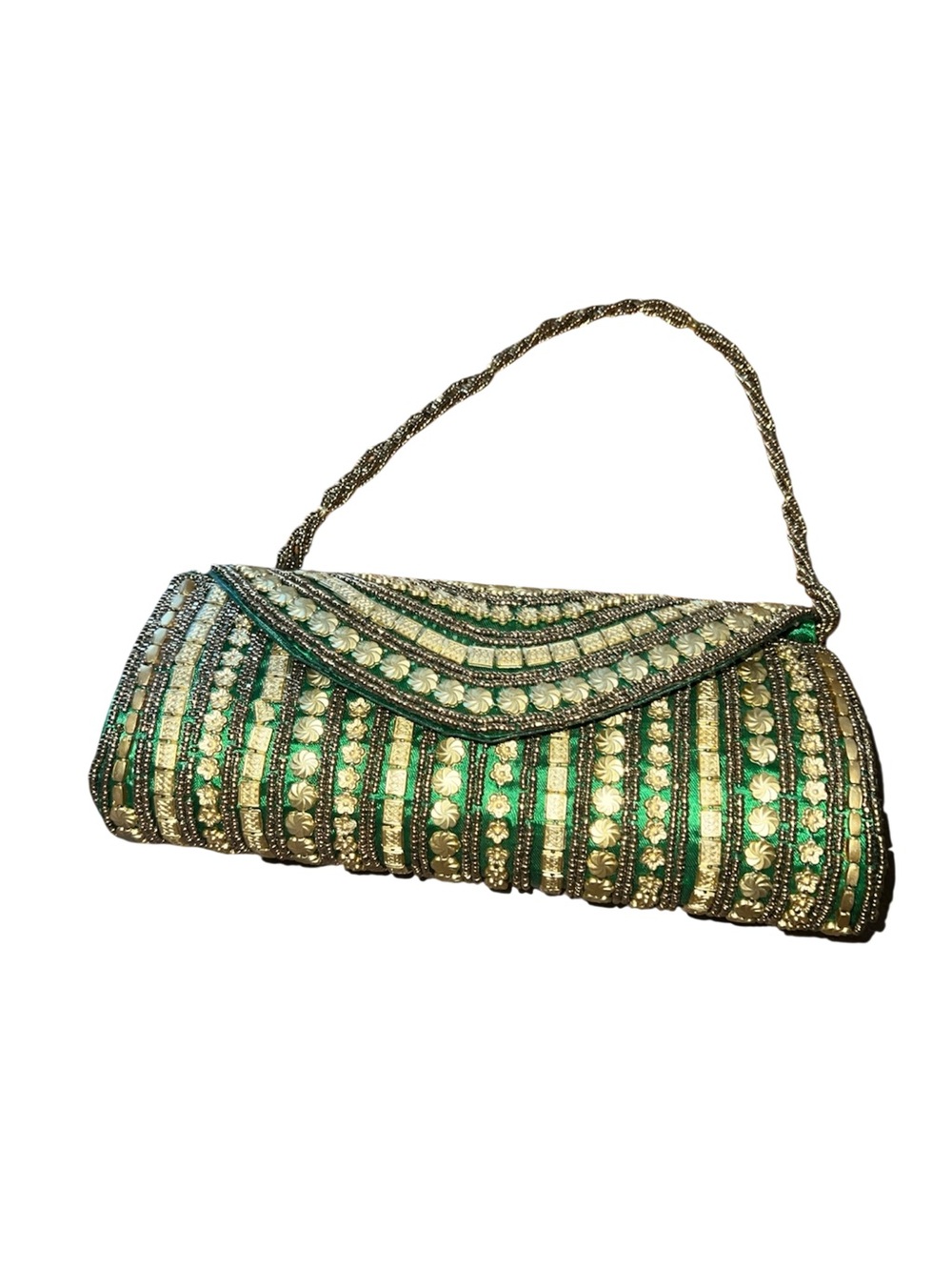 Green And Gold Beaded Clutch Evening Bag Intricate Gota Patti Sequence Work